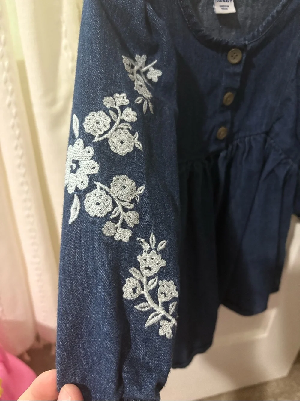 Old Navy Navy Blue Denim Embroidered Long-Sleeve Dress